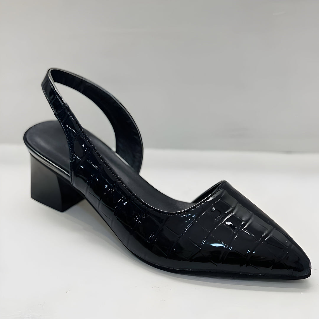 Supportive women's orthopedic slingback fashion heels with comfortable block heel and chic pointed toe design.