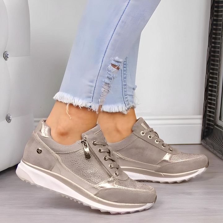 Side view of women's comfortable orthopedic support sneakers, designed for active walking and fitness.