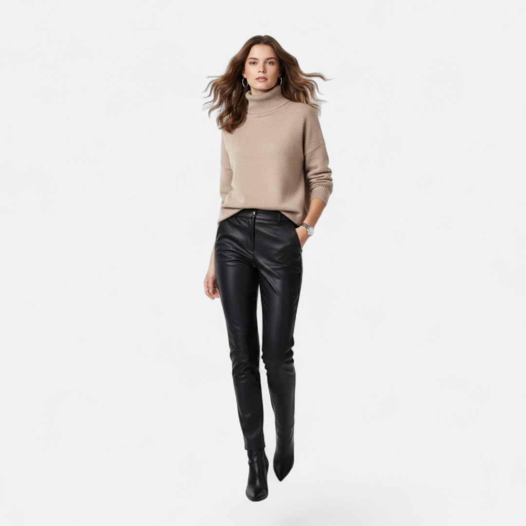 Comfortable women's oversized turtleneck sweater, a chunky knit warm top for fall & winter.