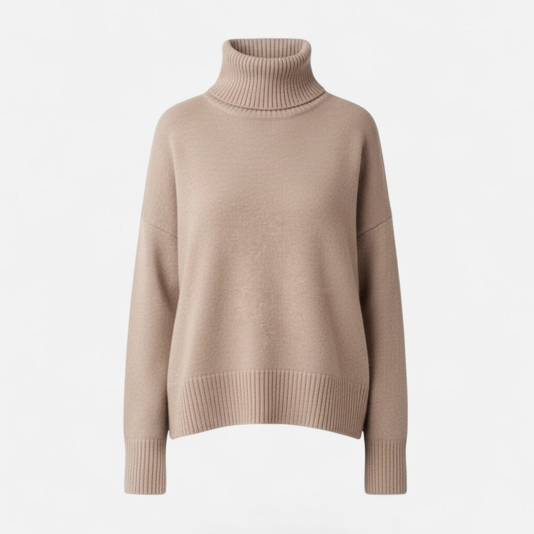 Elegant women's oversized thick knit turtleneck sweater, a warm pullover for fall fashion.