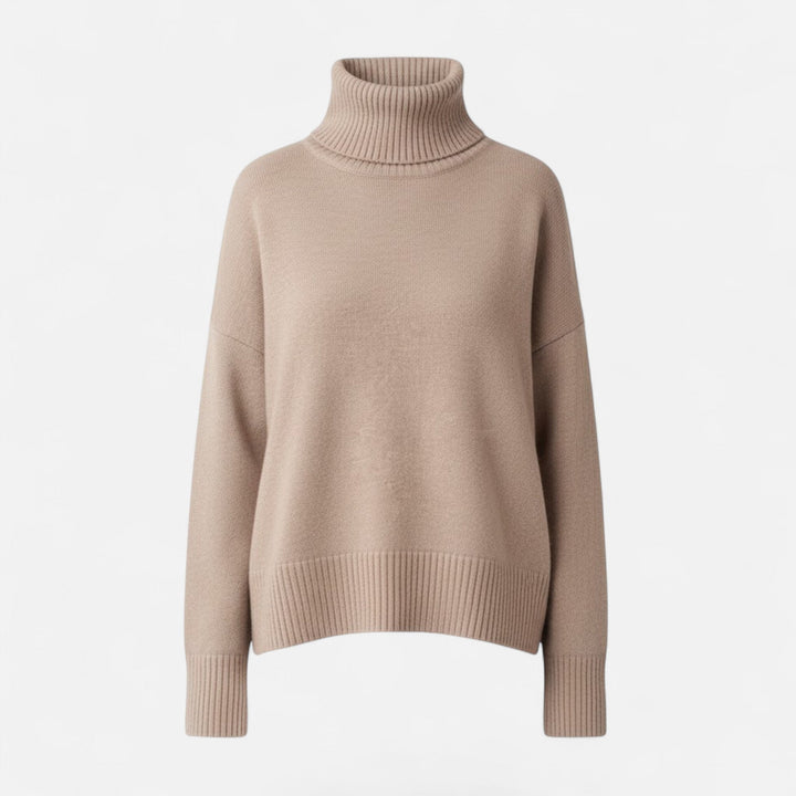 Elegant women's oversized thick knit turtleneck sweater, a warm pullover for fall fashion.