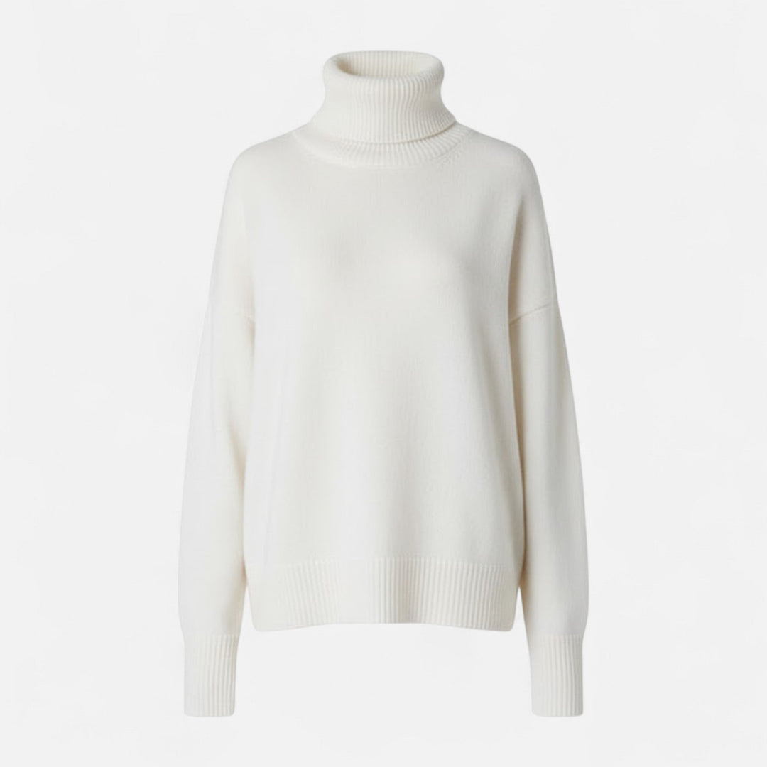 Stylish women's thick knit oversized turtleneck, a comfortable and chic winter fashion piece.