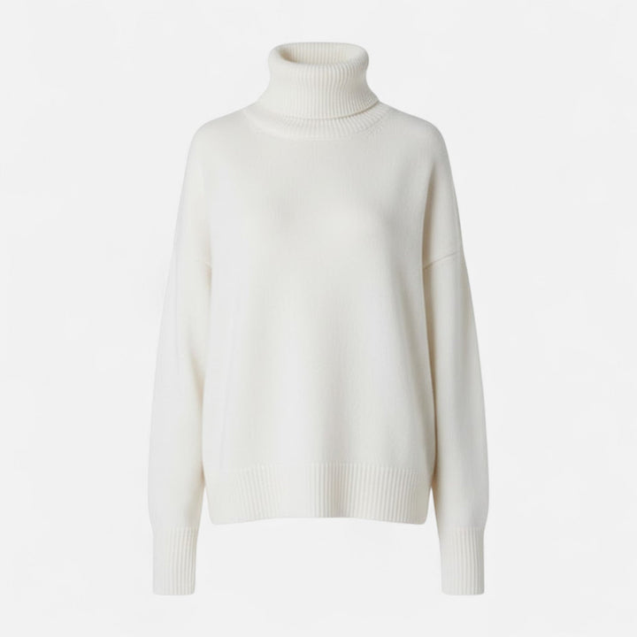 Stylish women's thick knit oversized turtleneck, a comfortable and chic winter fashion piece.