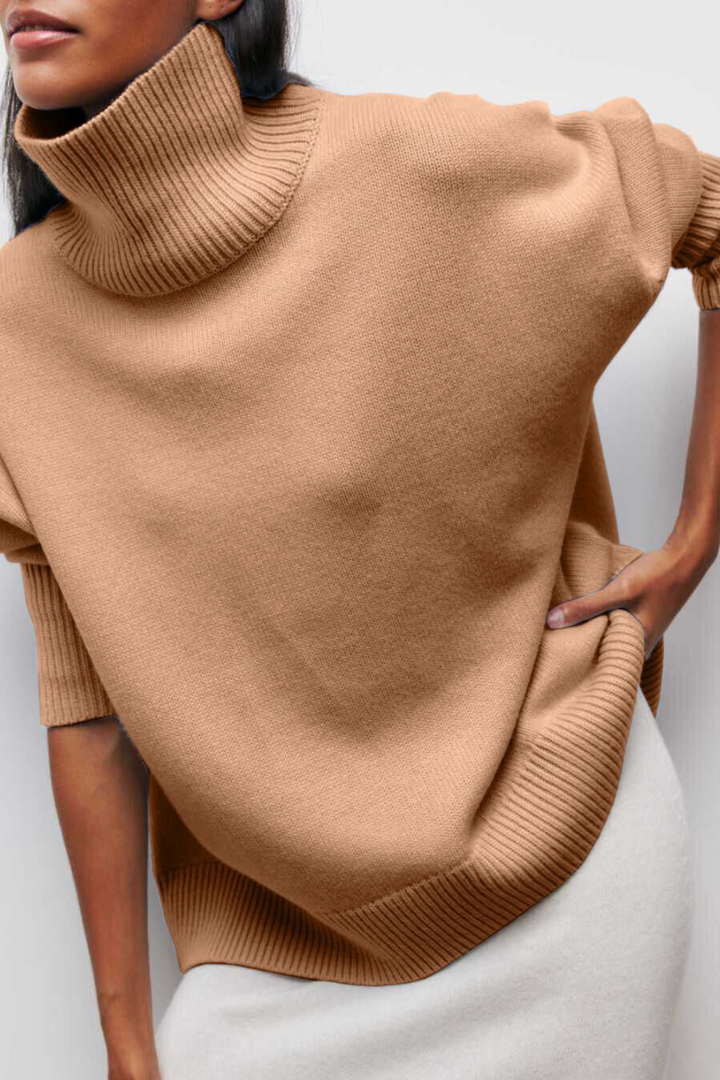 Relaxed fit women's turtleneck sweater for effortless fall and winter styling. An essential cozywear pullover.