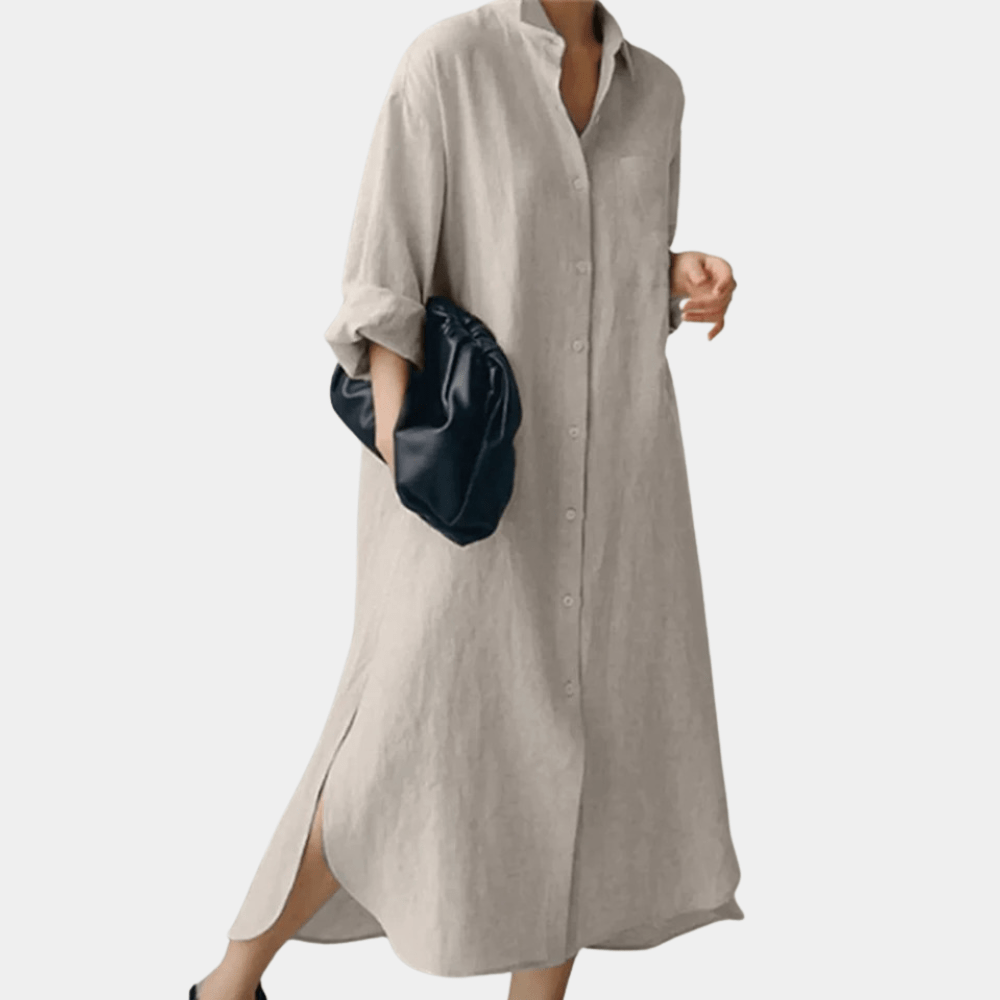 Elegant women's oversized button-down shirt dress, long sleeve, perfect for summer vacation and resort wear.