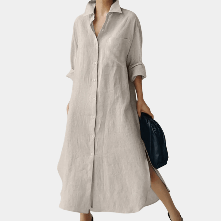 Effortlessly stylish women's oversized shirt dress, loose fit, long sleeve, great for casual, everyday & travel.