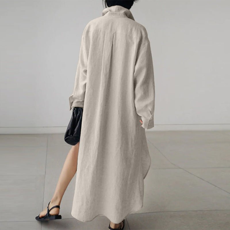 Women's long sleeve oversized shirt dress, button-down, loose fit, designed for comfortable summer & vacation style.