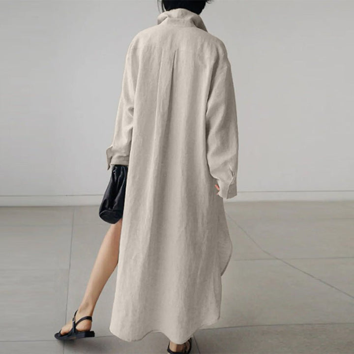 Women's long sleeve oversized shirt dress, button-down, loose fit, designed for comfortable summer & vacation style.