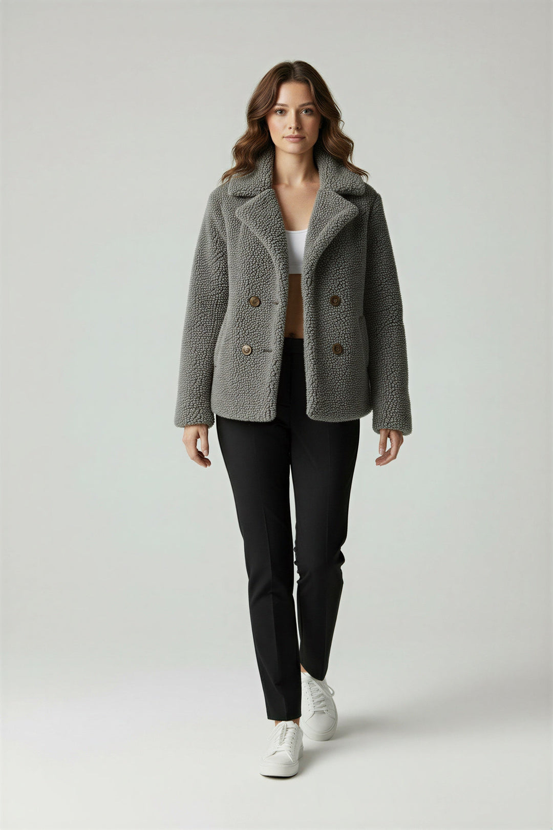 Cozy women's oversized jacket, great for staying warm in winter weather.