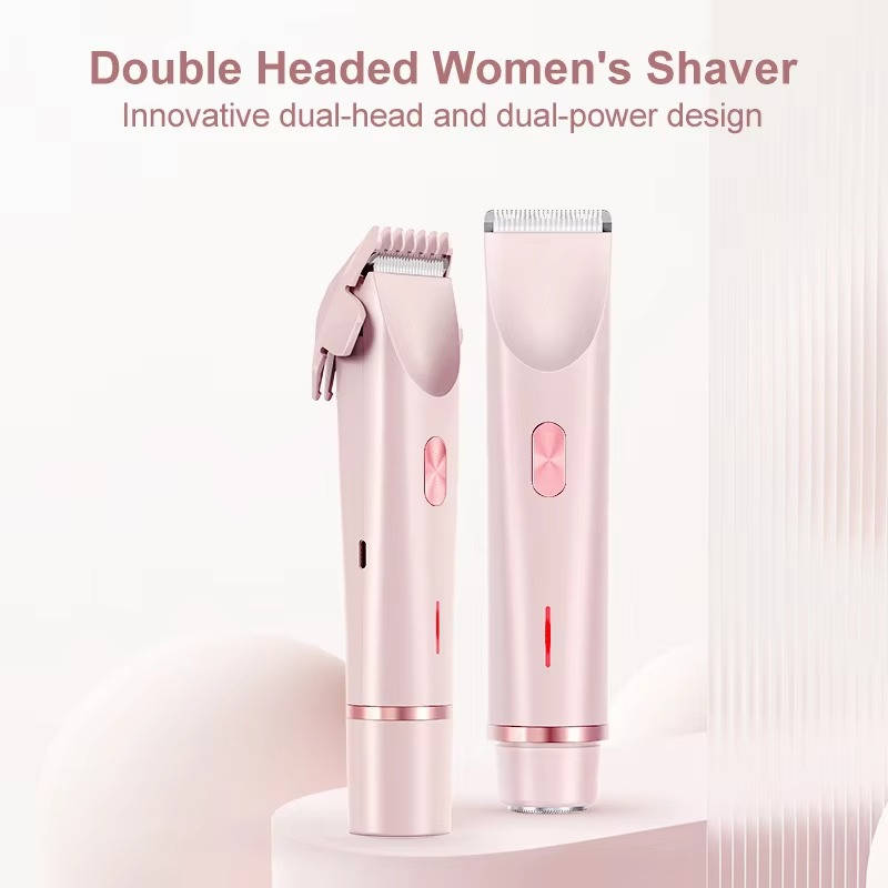 Painless women's body groomer. Dual head design for smooth bikini, facial, and body hair removal. Waterproof.