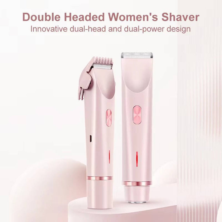 Painless women's body groomer. Dual head design for smooth bikini, facial, and body hair removal. Waterproof.
