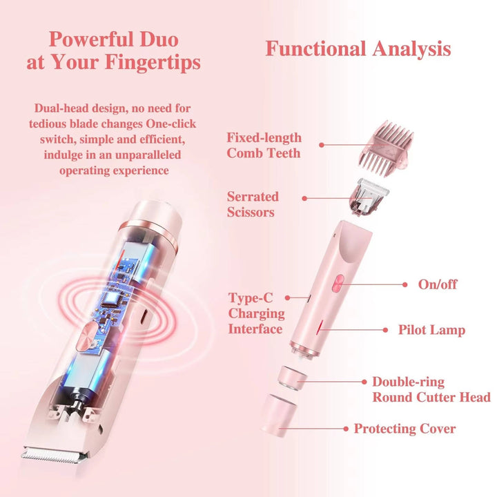 Versatile women's hair removal tool: painless dual head trimmer for bikini, body, & facial grooming. Waterproof.