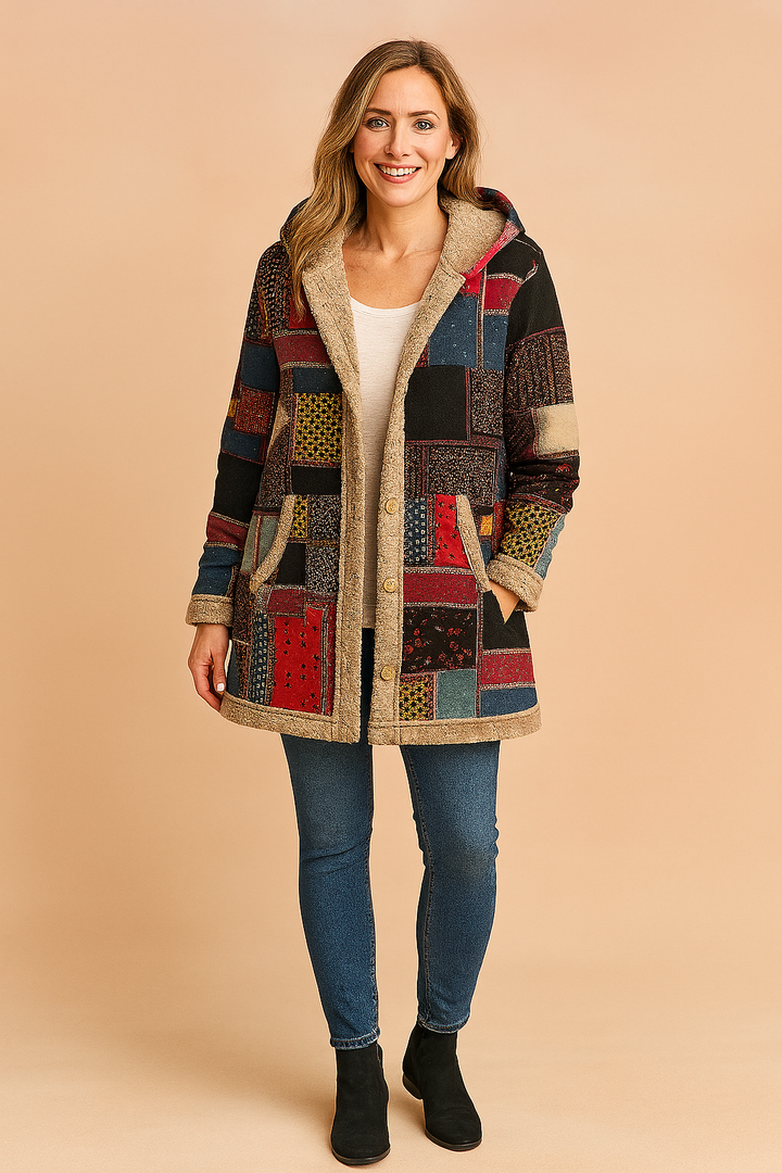 Women's patchwork hooded long jacket in boho style. Cozy winter coat, unique design perfect for casual outerwear.