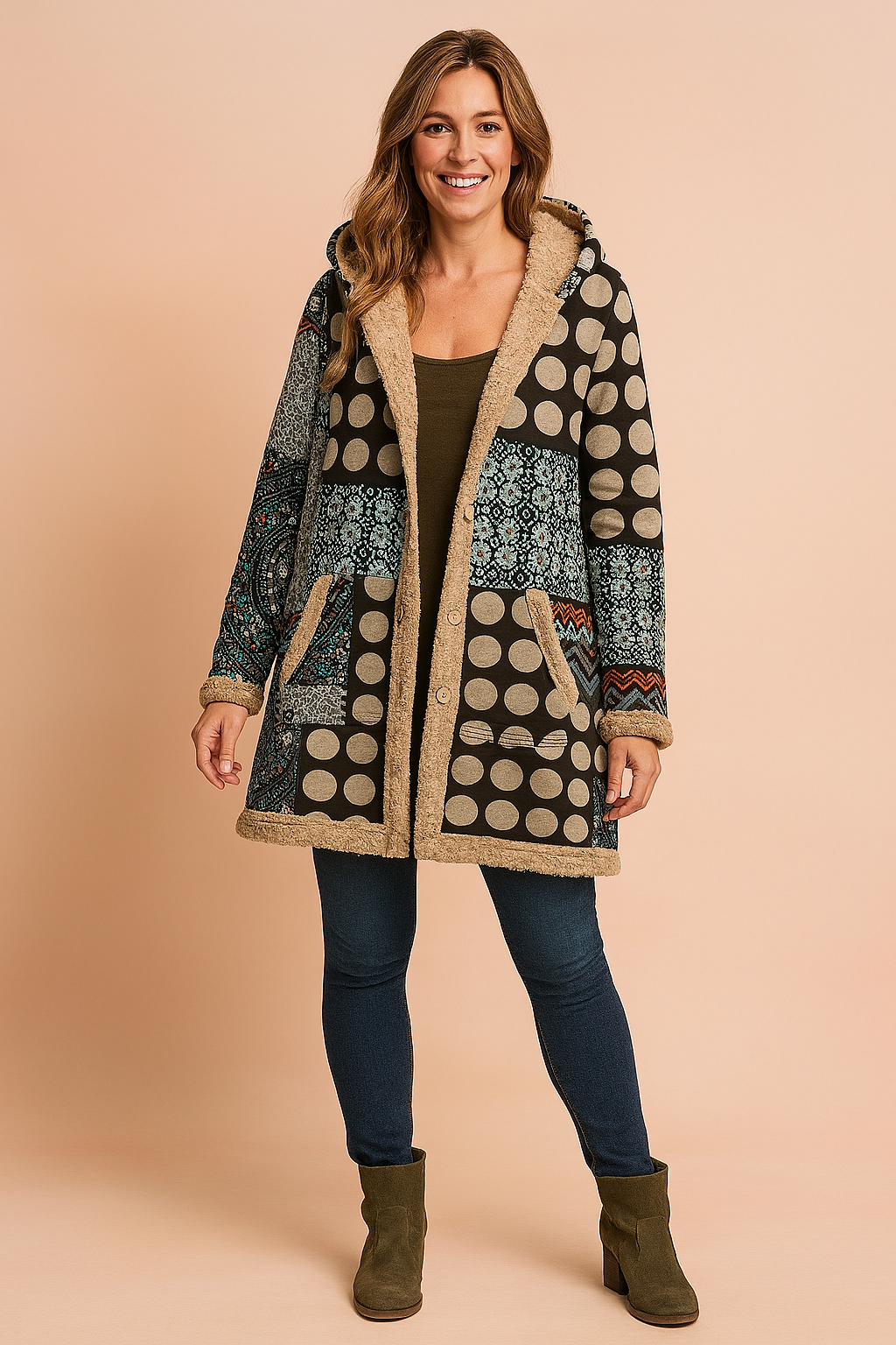 Stylish women's long patchwork winter coat with hood. Cozy outerwear featuring a unique, casual boho design.