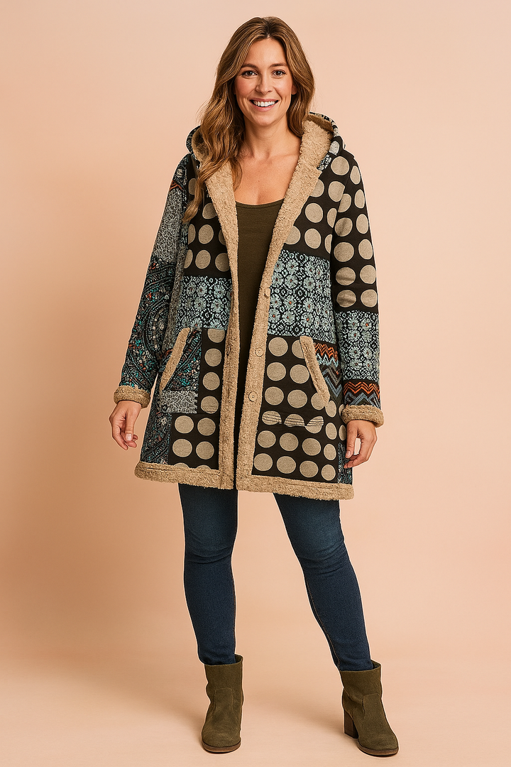 Stylish women's long patchwork winter coat with hood. Cozy outerwear featuring a unique, casual boho design.