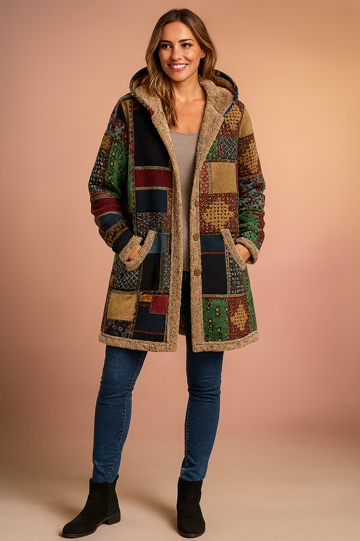 Fashionable women's plus size long patchwork hooded jacket. Stay cozy and stylish in this unique winter coat.