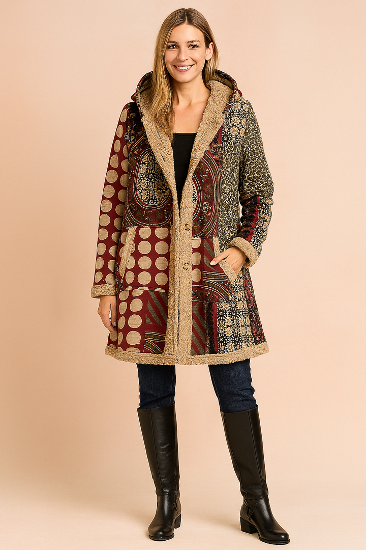 Cozy women's patchwork hooded long jacket. Unique design winter coat, perfect for stylish casual outerwear.