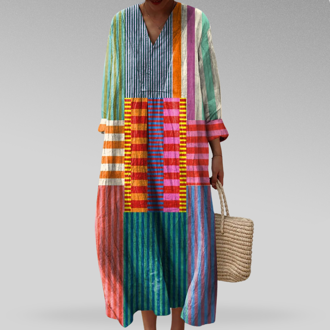 Women's patchwork stripe V-neck summer dress, loose fit & comfortable, perfect for casual wear or vacation.