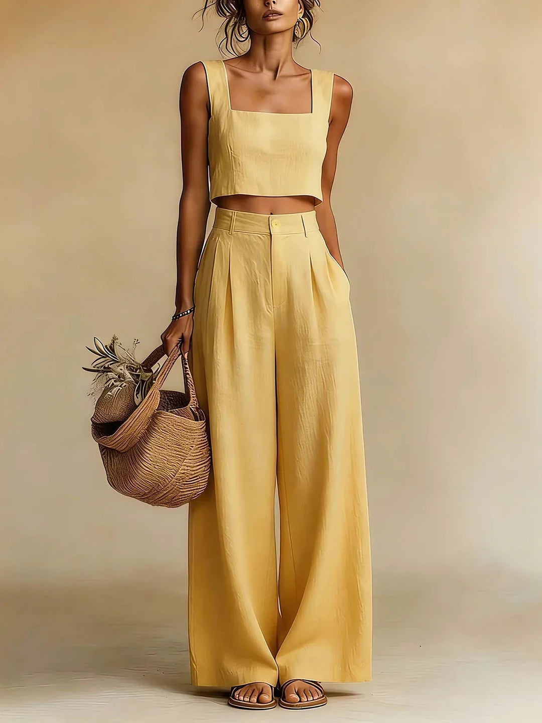 Women's peachy palazzo two-piece set, a chic and comfortable summer outfit for elegant casual wear.
