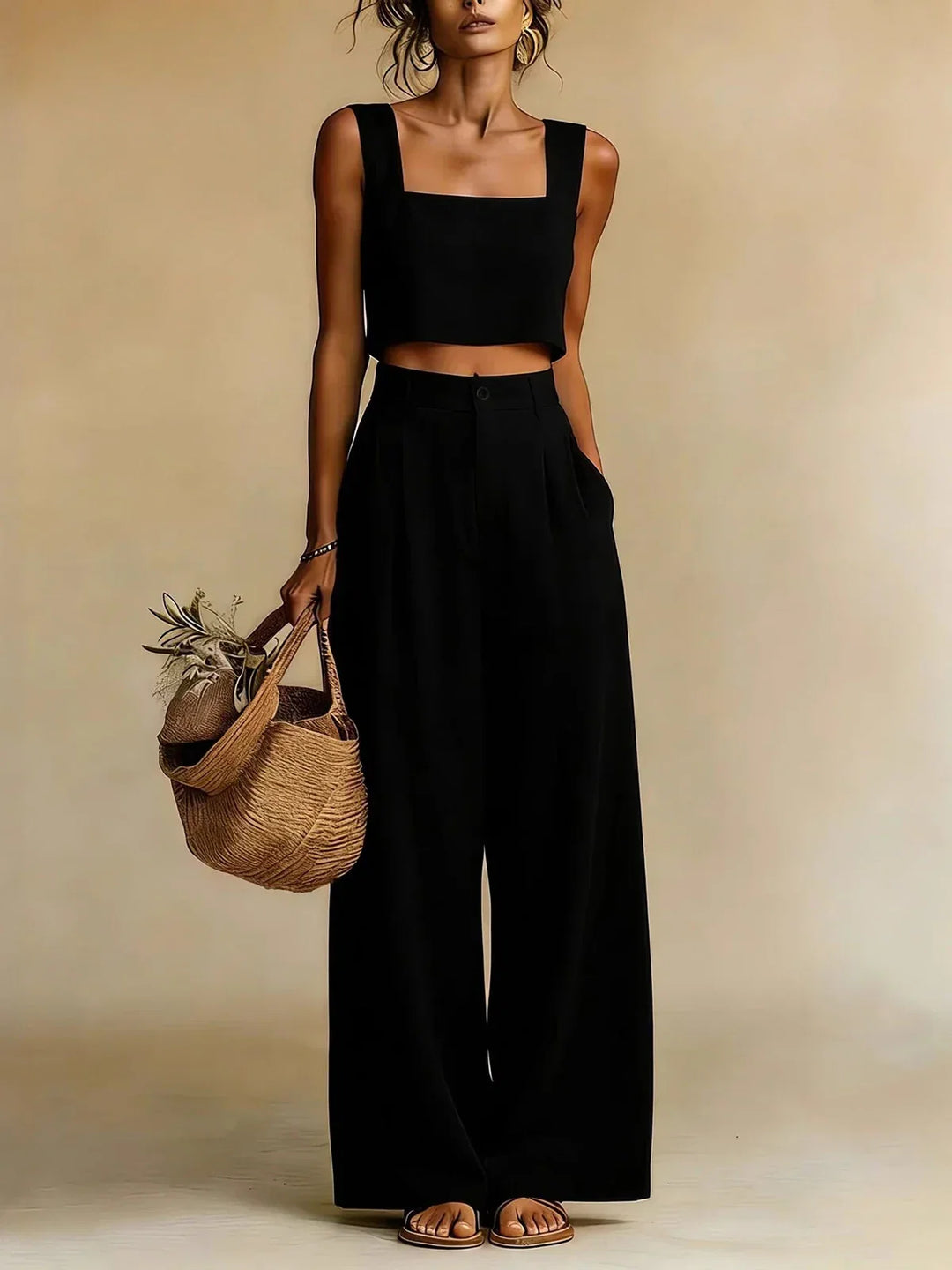 Flowy peachy palazzo pants and matching top, a stylish women's two-piece set perfect for warm weather.