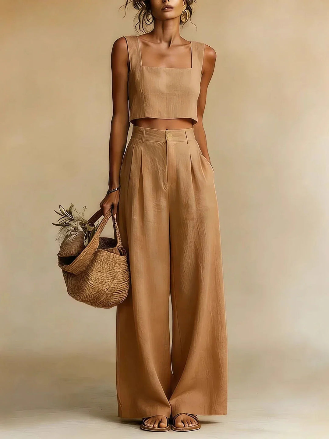 Elegant women's peachy palazzo two-piece set, offering a comfortable & stylish option for summer outfits.