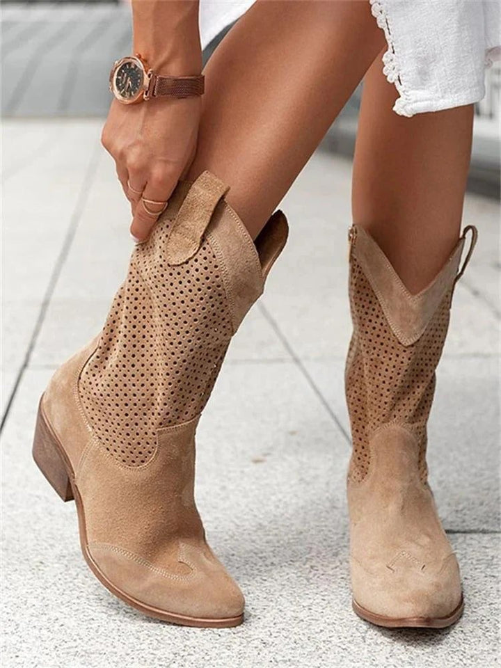 Trendy women's perforated ankle boots, Western-inspired with a practical block heel.