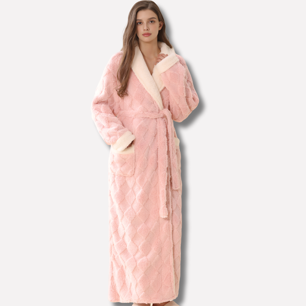 Women's plush hooded flannel bathrobe, perfect for cozy winter loungewear & warmth. Soft and comfortable.
