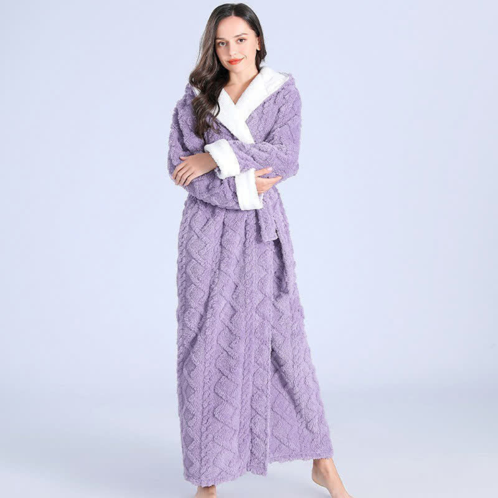 Soft gray women's hooded flannel robe, providing plush warmth and cozy comfort, ideal for winter loungewear.