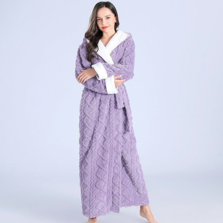 Soft gray women's hooded flannel robe, providing plush warmth and cozy comfort, ideal for winter loungewear.