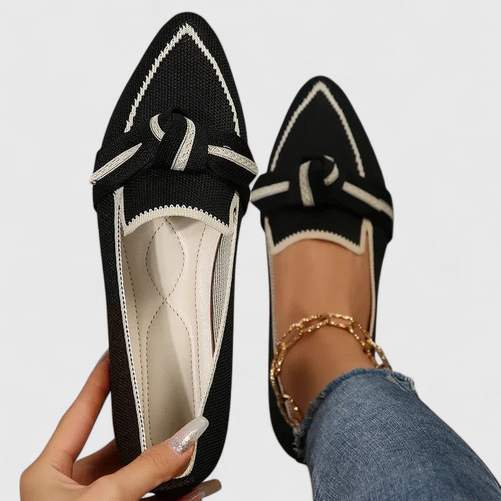 Stylish women's pointed toe flats, slip-on design with orthopedic features, ideal for casual and formal comfort.