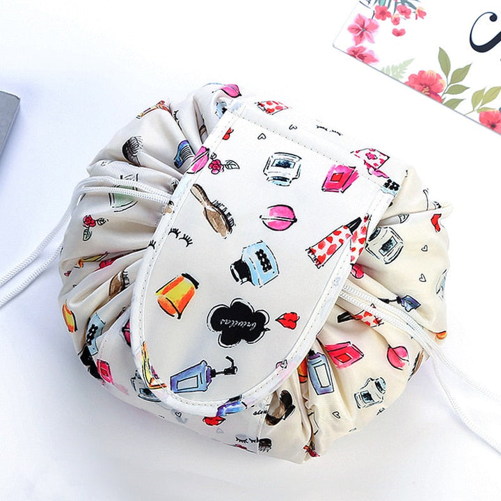 Waterproof drawstring toiletry bag for women, perfect makeup pouch & beauty storage for travel.
