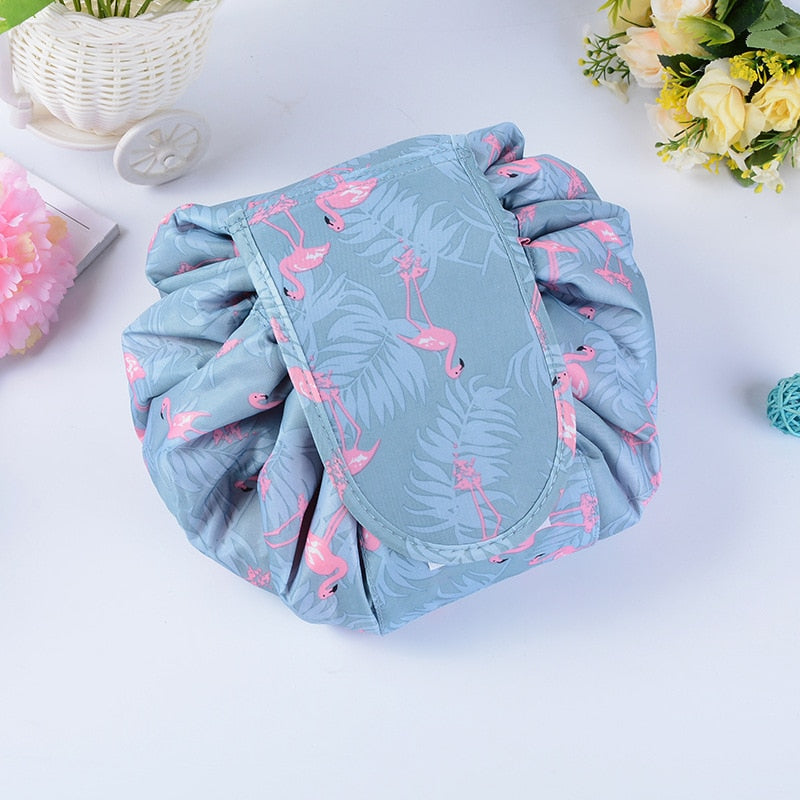 Compact portable drawstring toiletry bag, perfect for women's travel, easy packing & waterproof.
