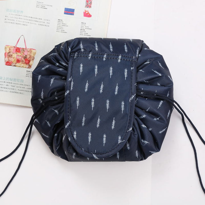 Durable waterproof drawstring makeup pouch, a stylish women's travel accessory for beauty organization.