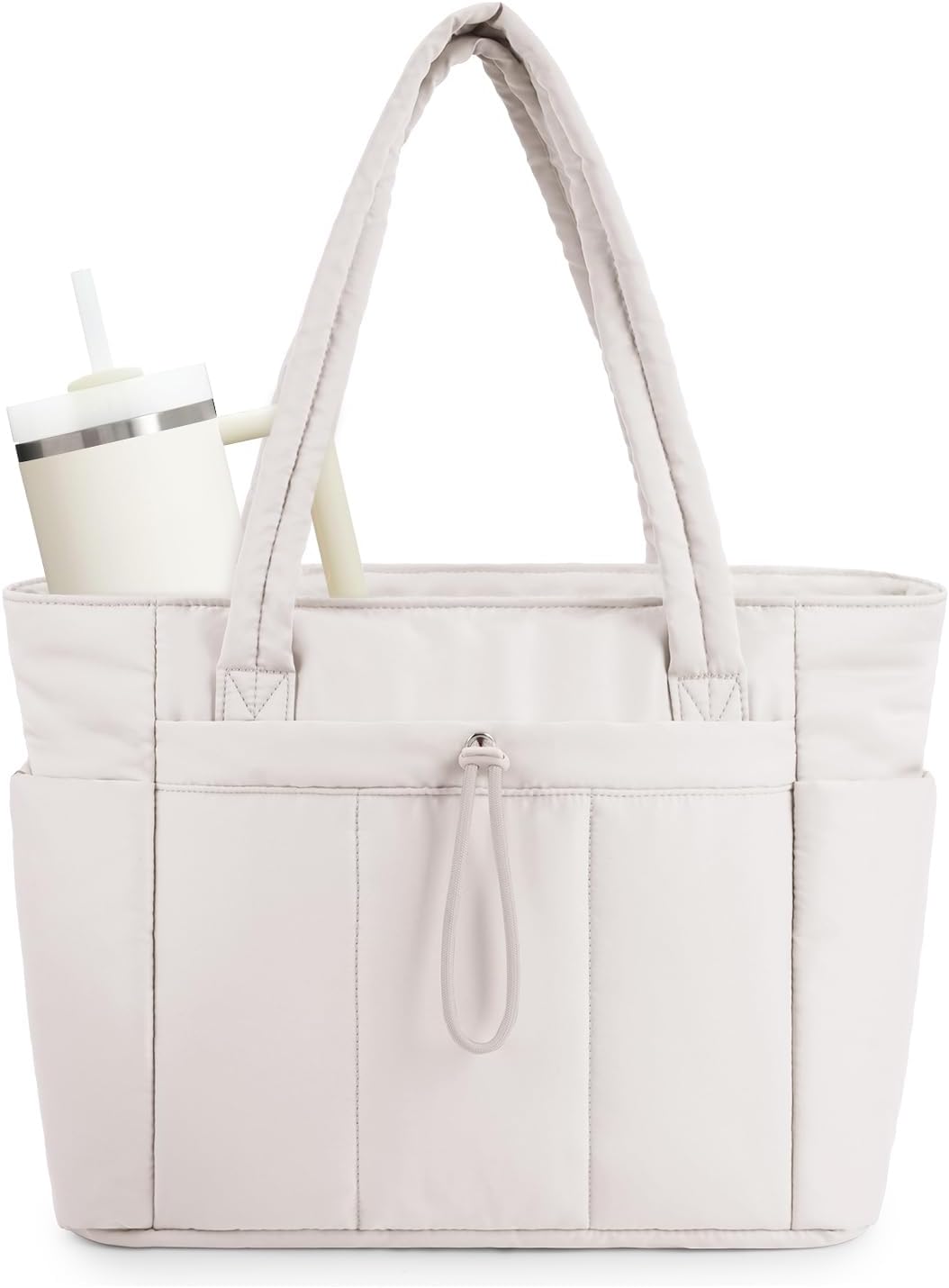 Women's quilted puffer tote with laptop sleeve & cup holder, perfect for travel & work.