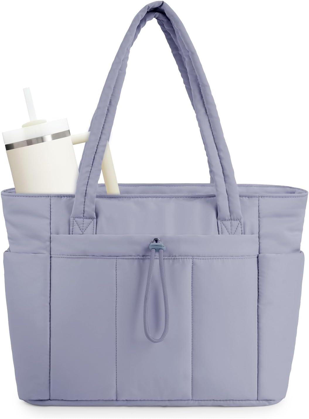 Versatile puffer carryall with laptop sleeve & cup holder, ideal for stylish women on the go.
