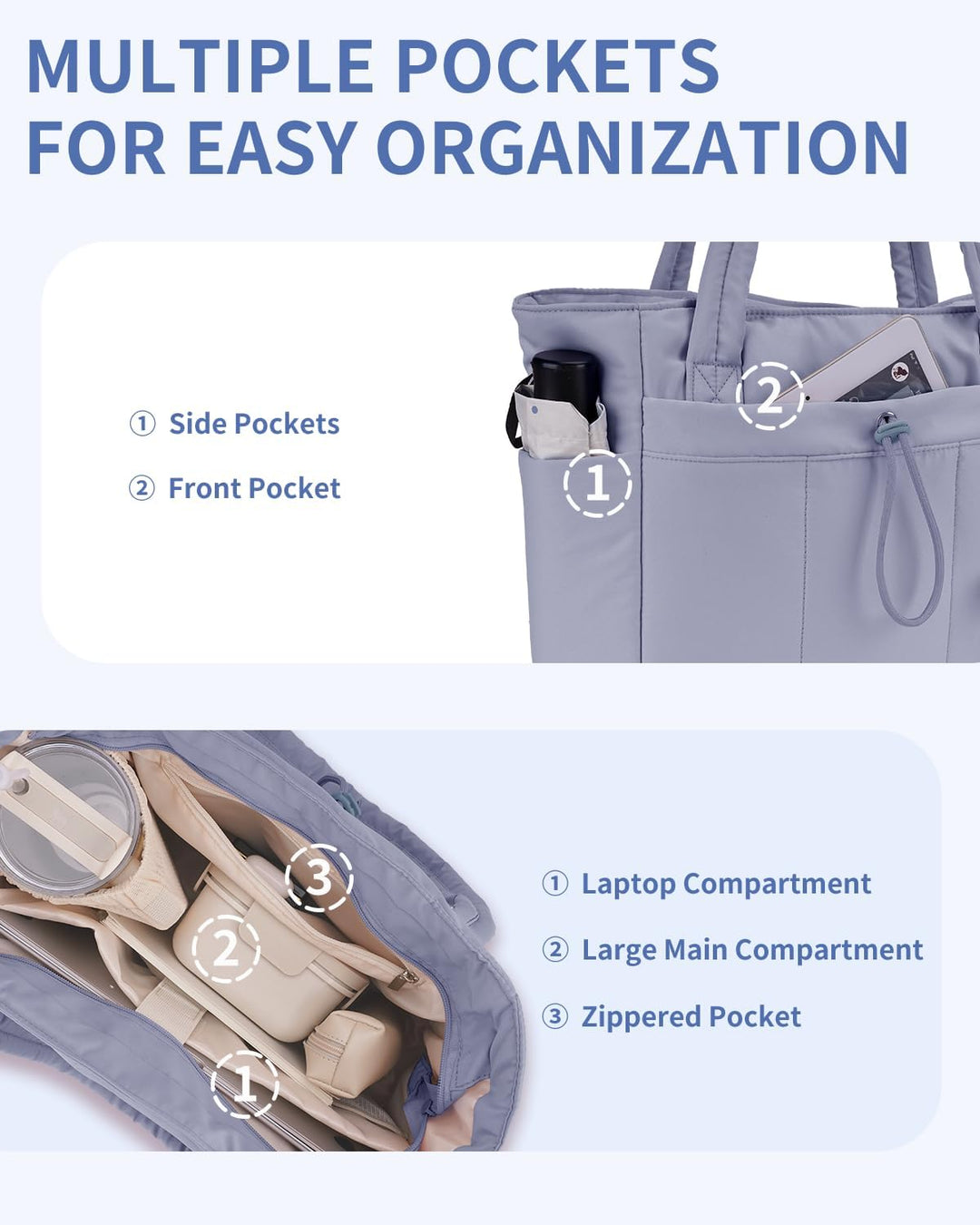 Modern women's puffer tote, excellent for travel, includes laptop sleeve & cup holder.