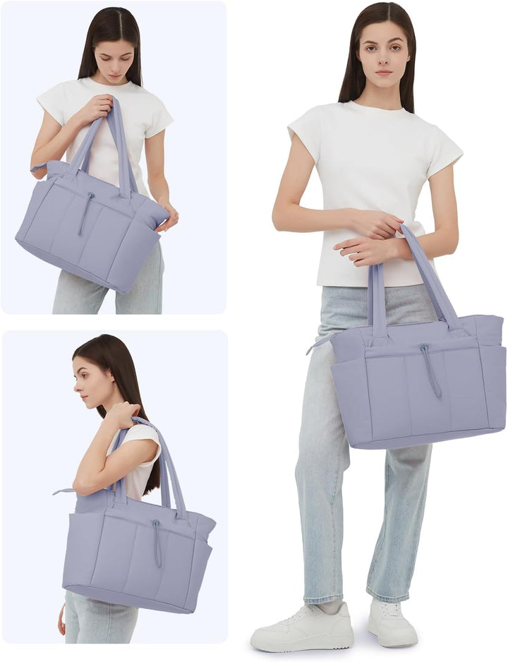 Quilted laptop bag for women, a stylish tote with built-in cup holder for easy access.