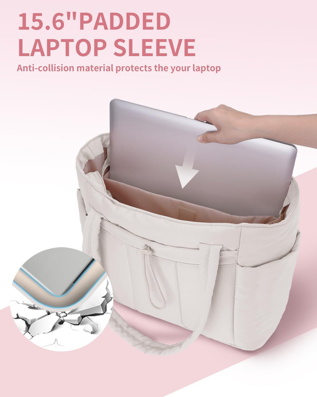 Women's travel puffer bag, designed with organization in mind, laptop sleeve & cup holder.