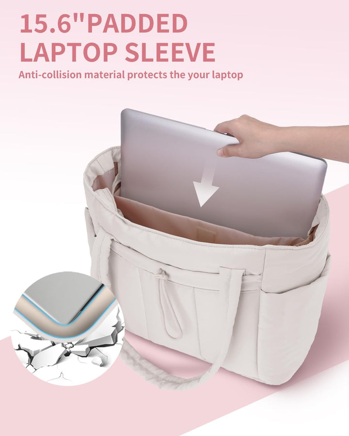Women's travel puffer bag, designed with organization in mind, laptop sleeve & cup holder.