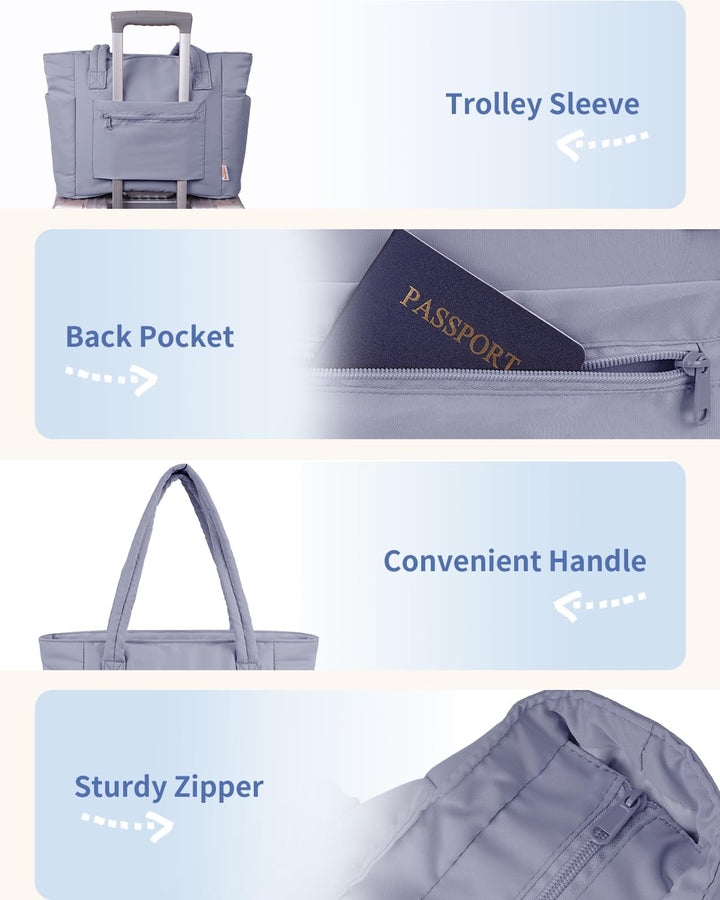 Puffer work bag for women, featuring a spacious laptop compartment & cup holder.