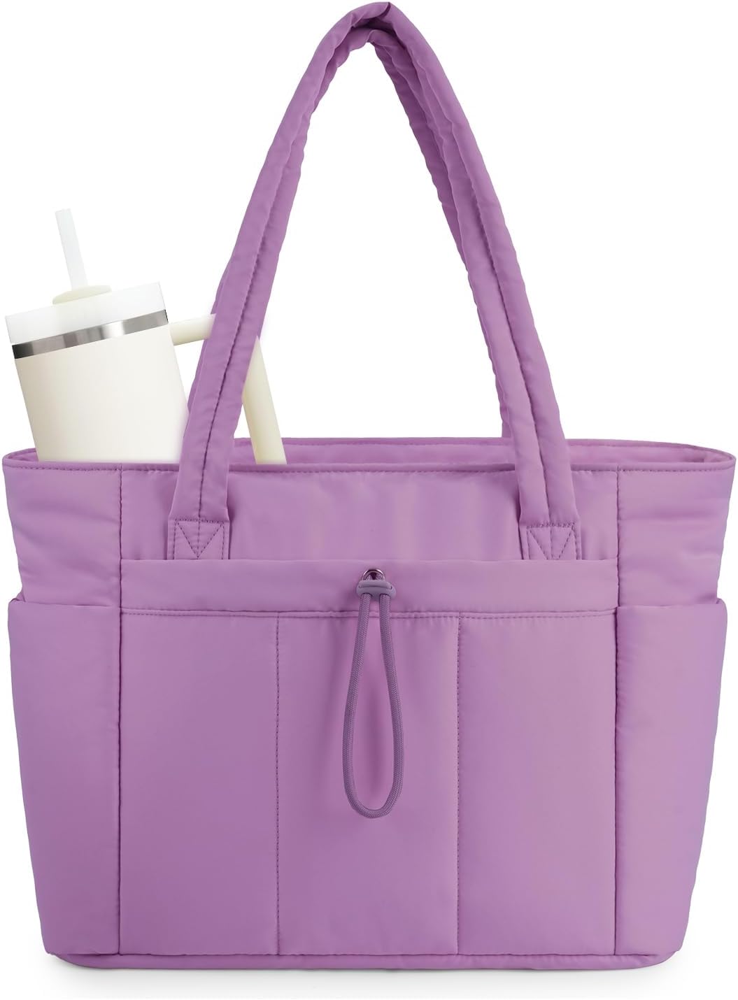 Organized quilted tote, a women's puffer bag with laptop sleeve & cup holder for travel.