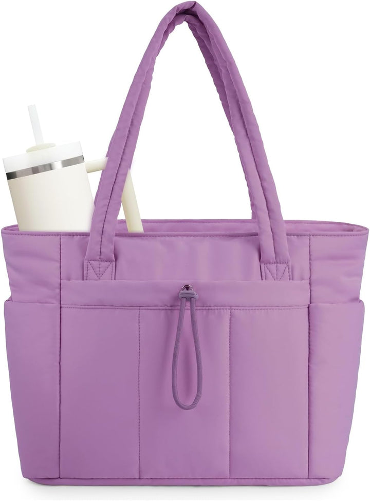 Organized quilted tote, a women's puffer bag with laptop sleeve & cup holder for travel.