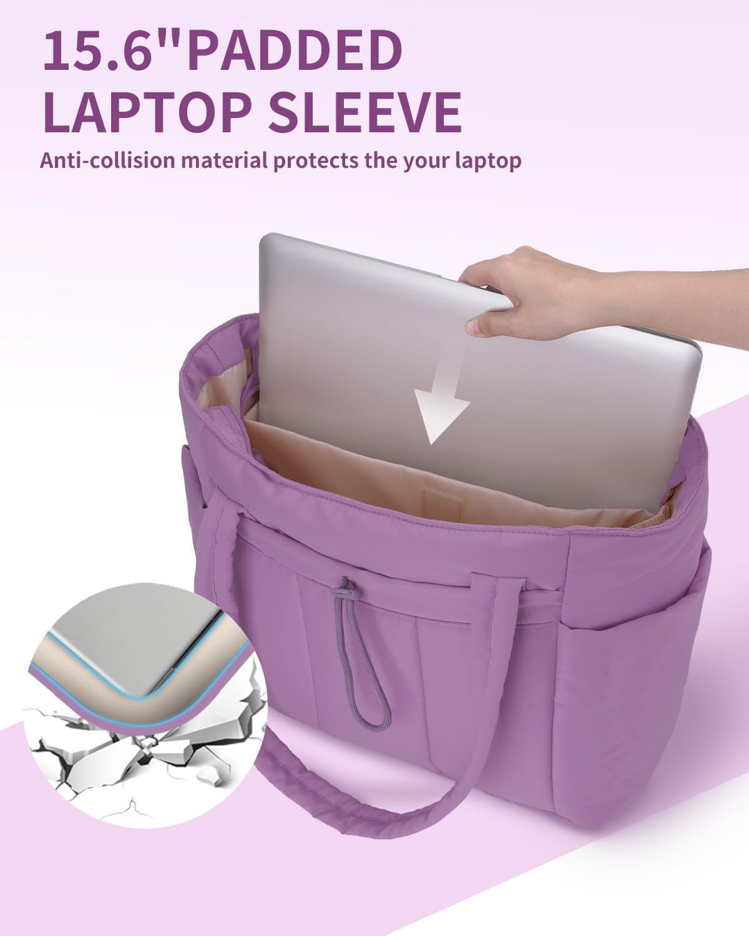 Practical puffer tote bag for women, featuring a laptop sleeve & cup holder for daily use.