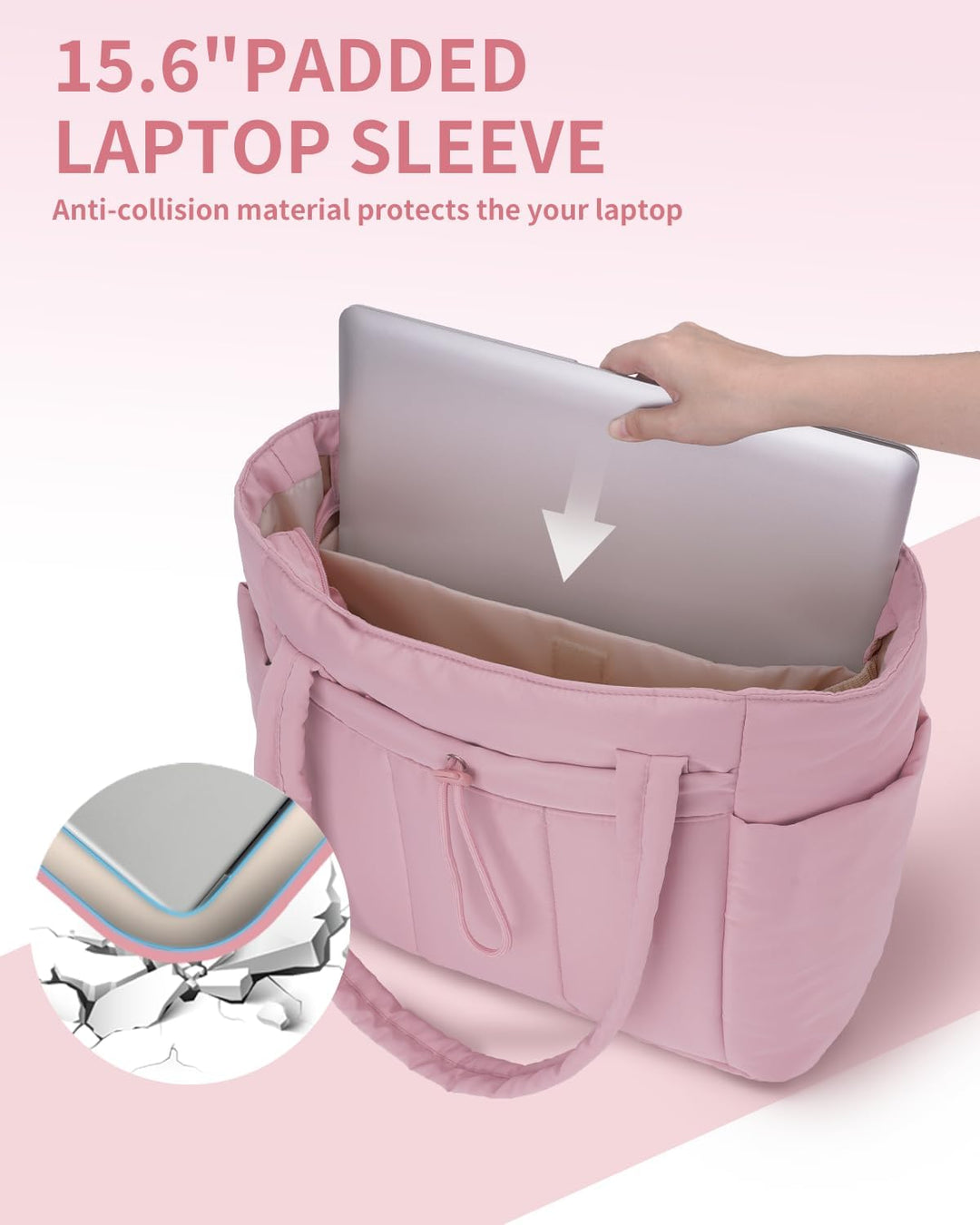 Quilted carryall for women, great for work & travel, with laptop sleeve & drink holder.