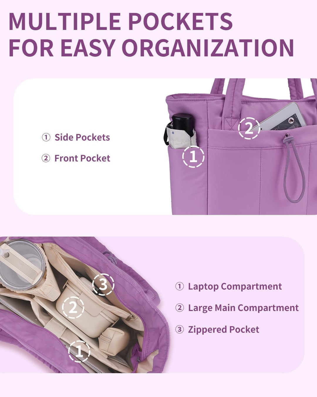 Women's everyday puffer tote, with a laptop sleeve & cup holder for all your essentials.