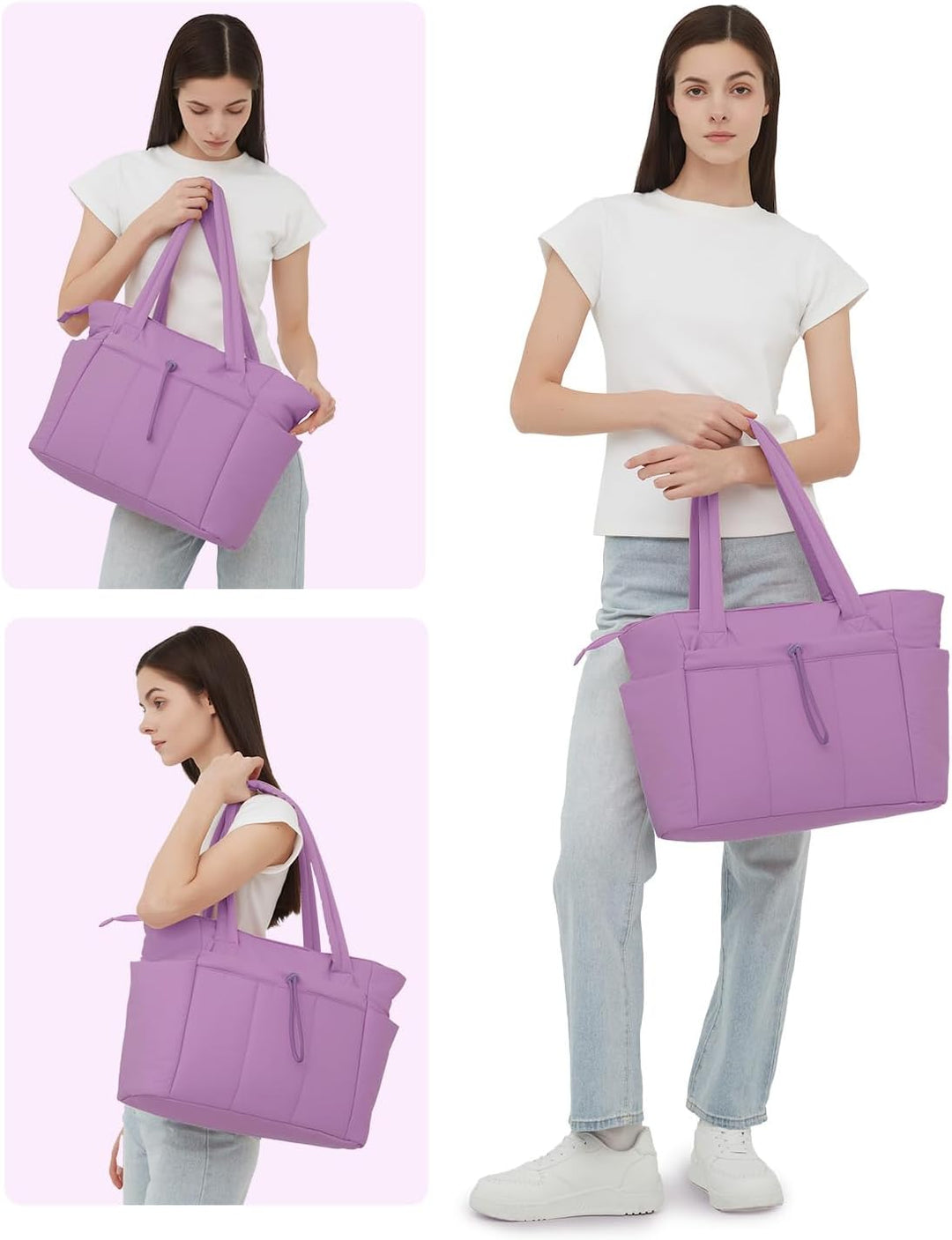 Secure laptop tote bag for women, quilted puffer design with a handy cup holder.