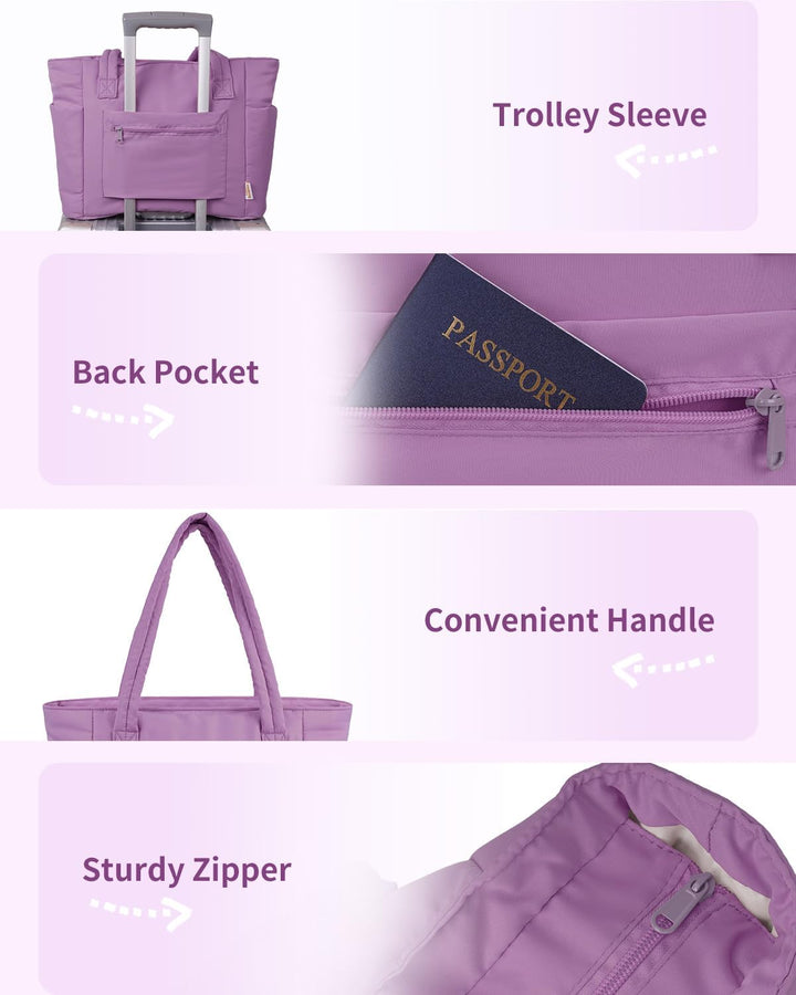 Trendy quilted tote for women, a puffer style with laptop compartment & cup holder.
