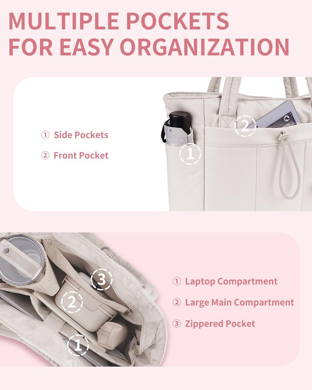 Ergonomic women's puffer tote, perfect for commuting with laptop sleeve & cup holder.