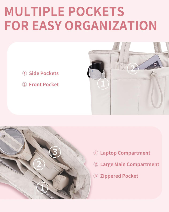 Ergonomic women's puffer tote, perfect for commuting with laptop sleeve & cup holder.