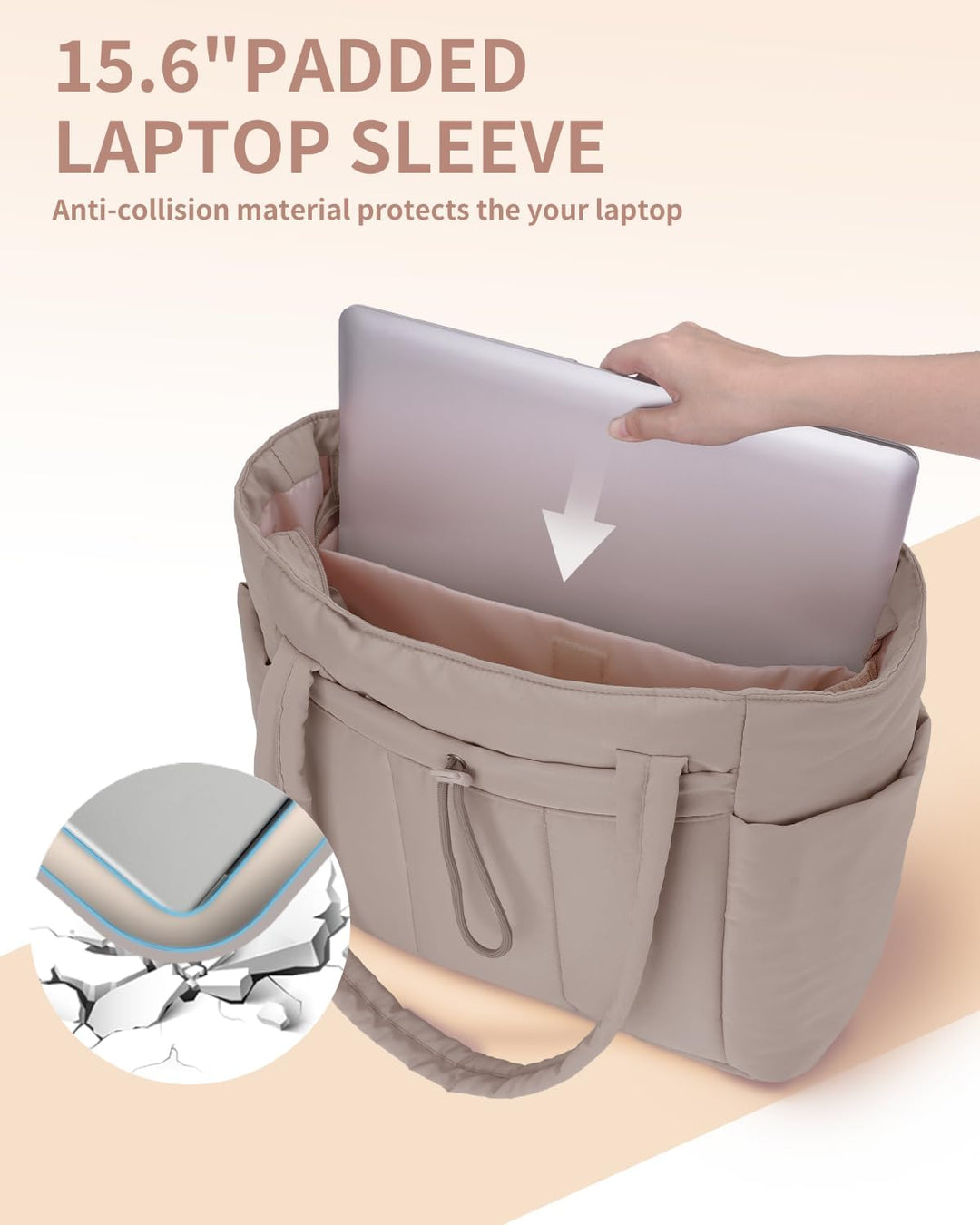 Functional quilted carryall tote, ideal for commuting with laptop sleeve & cup holder.